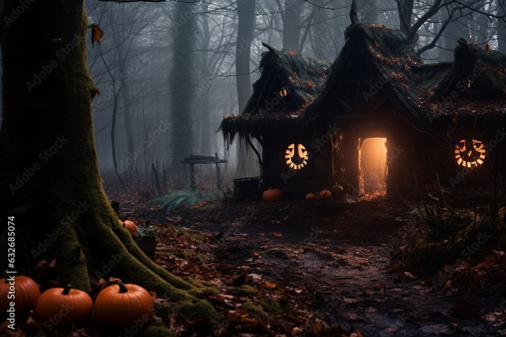 Witch's hut nestled in a misty forest with glowing pumpkins. Halloween, pumpkin, Halloween background Generative AI Witch's hut nestled in a misty forest with glowing pumpkins. Halloween, pumpkin, Halloween background Generative AI