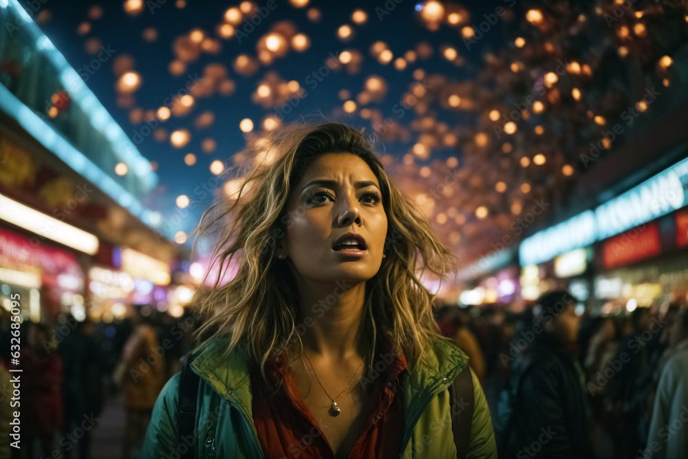 Woman is frightened because she sees something in the sky in a busy public setting Woman is frightened because she sees something in the sky in a busy public setting