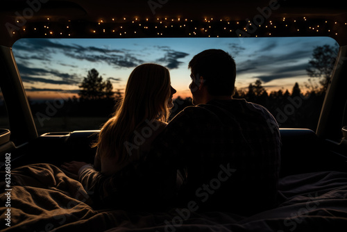 Couple stargazing from the bed of their pickup truck photo with empty space for text 