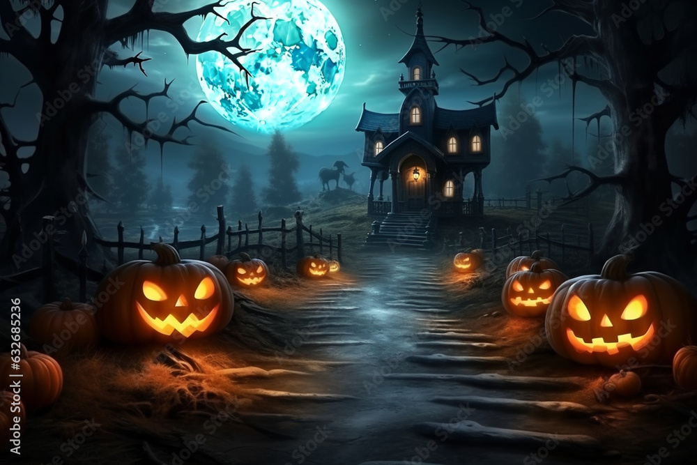 Moonlit pathway leading to an old haunted mill with pumpkins. Halloween, pumpkin, Halloween background Generative AI Moonlit pathway leading to an old haunted mill with pumpkins. Halloween, pumpkin, Halloween background Generative AI