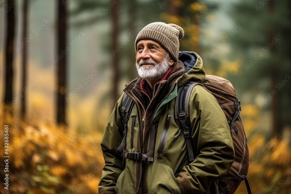 Elderly European man birdwatching in the forest  photo with empty space for text 
