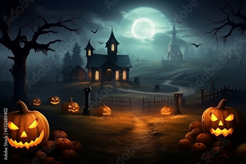 Haunted village with fog rolling in and a field of pumpkins. Halloween, pumpkin, Halloween background Generative AI photo