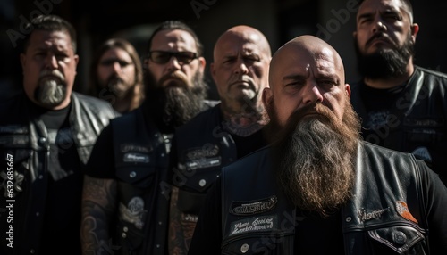 Photo of motorcycle club bearded men standing in a group