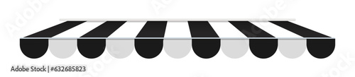 Realistic striped store sunshade awning, shop canopy. Black and white market umbrella. Front tent roof for shop showcase designs vector set. Cafe or restaurant exterior shade elements