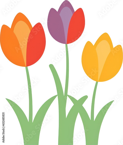 Vibrant clip art illustration of a tulip flower with red, orange, and yellow petals and green leaves against a transparent background, perfect for creative projects. Generative AI.