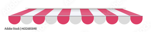 Realistic striped store sunshade awning, shop canopy. Pink and white market umbrella. Front tent roof for shop showcase designs vector set. Cafe or restaurant exterior shade elements