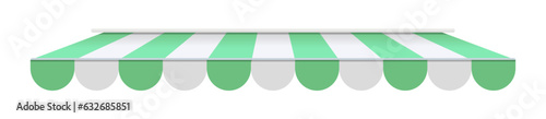 Realistic striped store sunshade awning, shop canopy. Green and white market umbrella. Front tent roof for shop showcase designs vector set. Cafe or restaurant exterior shade elements