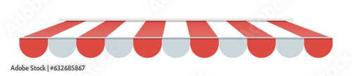 Realistic striped store sunshade awning, shop canopy. Red and white market umbrella. Front tent roof for shop showcase designs vector set. Cafe or restaurant exterior shade elements