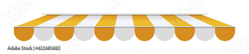 Realistic striped store sunshade awning, shop canopy. Yellow and white market umbrella. Front tent roof for shop showcase designs vector set. Cafe or restaurant exterior shade elements