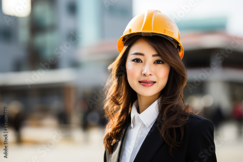 Female Japanese architect overseeing a construction site photo with empty space for text 