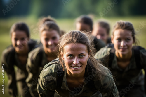 Female soldier training with a group in a field photo with empty space for text 