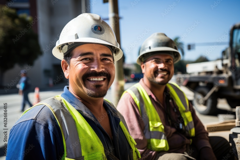 Obraz premium Group of mexican construction workers working on a construction project in Los Angeles