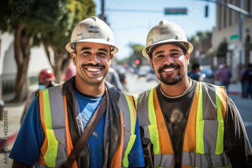 Group of mexican construction workers working on a construction project in Los Angeles
