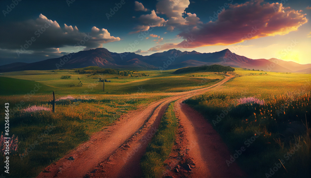 Beautiful summer mountain rural landscape; Panorama of summer green field with dirt road and Sunset cloudy sky, Ai generated image