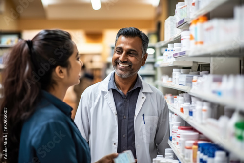Indian pharmacist explaining medication to a customer  photo with empty space for text 