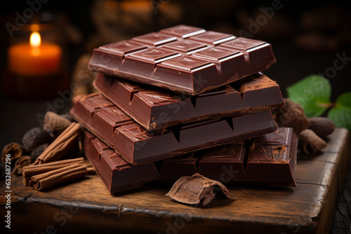 Tempting indulgence dark chocolate bar nestled on a wooden background Generative AI