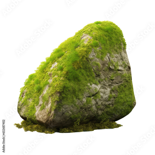 3D rendering of mossy boulder in forest.