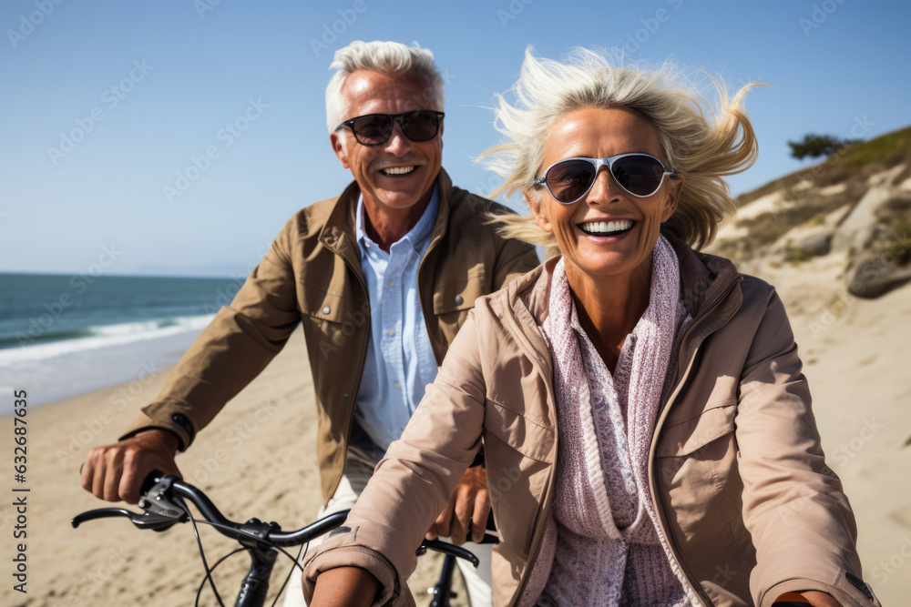 Mature couple on a bicycle ride in the countryside  photo with empty space for text 