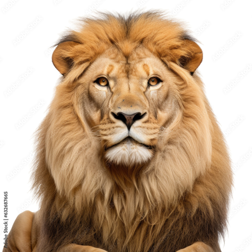 Fototapeta premium Adult lion, Panthera leo, isolated on white, looking at camera.