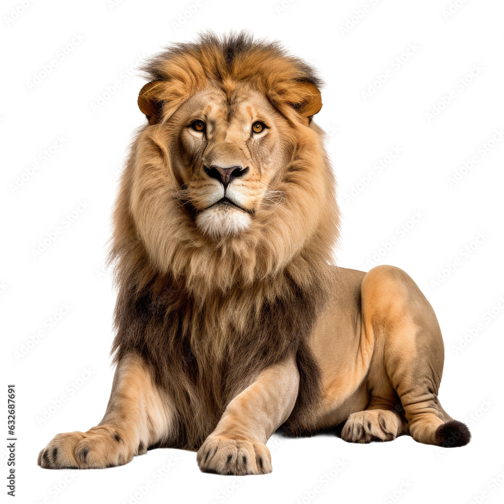 Adult lion, Panthera leo, isolated on white, looking at camera.