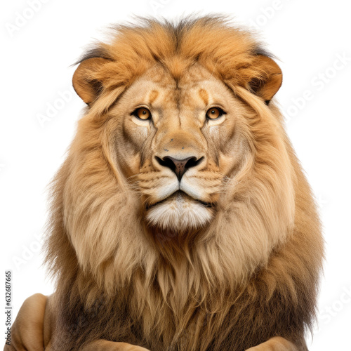 Adult lion  Panthera leo  isolated on white  looking at camera.