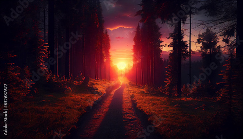 Beautiful sunset in the forest with a path leading to the sun  Ai generated image