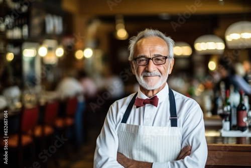 mature retired senior working in restaurant photo with empty space for text 