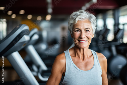 mature senior at gym photo with empty space for text 