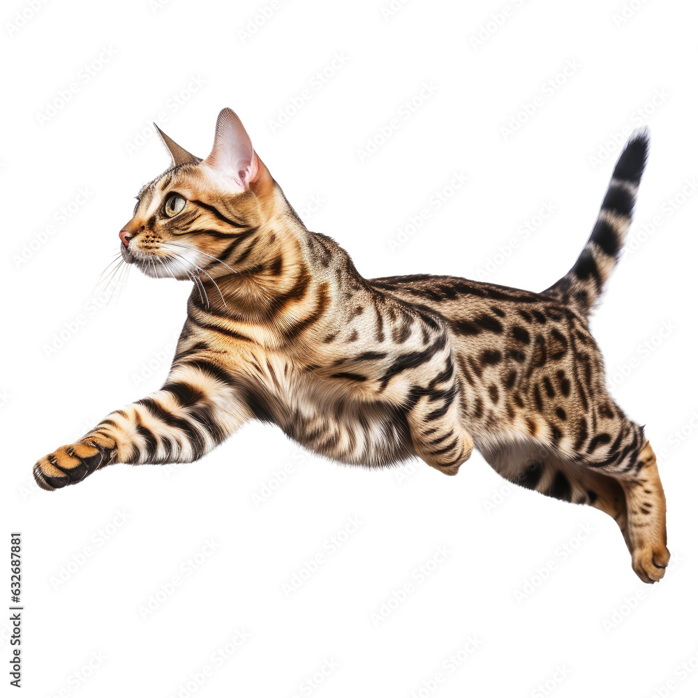 Bengal cat jumping, seen from the side, isolated on white. Bengal cat jumping, seen from the side, isolated on white.