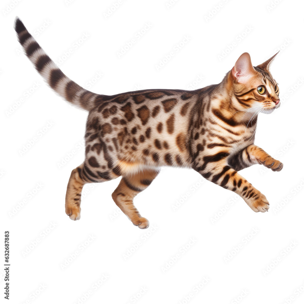 Bengal cat jumping, seen from the side, isolated on white.