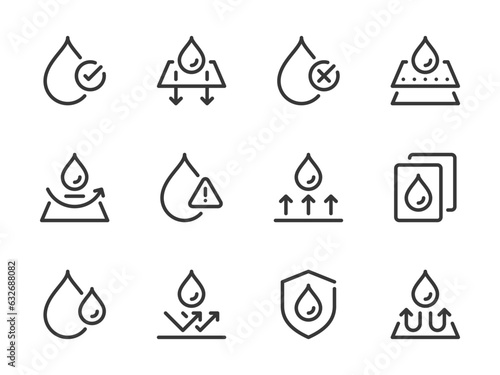 Water Drop and Liquid vector line icons. Droplet and Aqua outline icon set. Fabric Protection, Raindrop, Waterproof, Moisture Resistant and more.