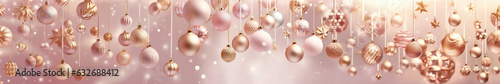 Huge panoramic festive background with Pink gold Christmas baubles.  Trendy Holiday decorations 