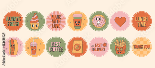 Retro groovy cartoon fast food sticker set. Labels and slogans for restaraunt, cafe and delivery.