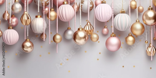 White Pink gold Christmas baubles background. Trendy Holiday decorations 