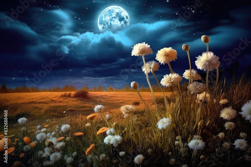 Beautiful Flowers In The Field At Night On The Background Of The Full Moon. Generative AI