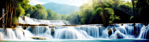 Beautiful Tropical Waterfall Panoramic Banner. Generative AI