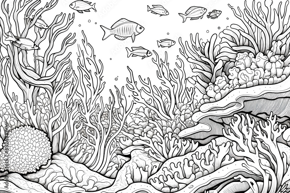 Fototapeta premium Coloring Book Black Outline, Mermaids Paradise Underwater Scene With Colorful Corals And Friendly Fish. Generative AI