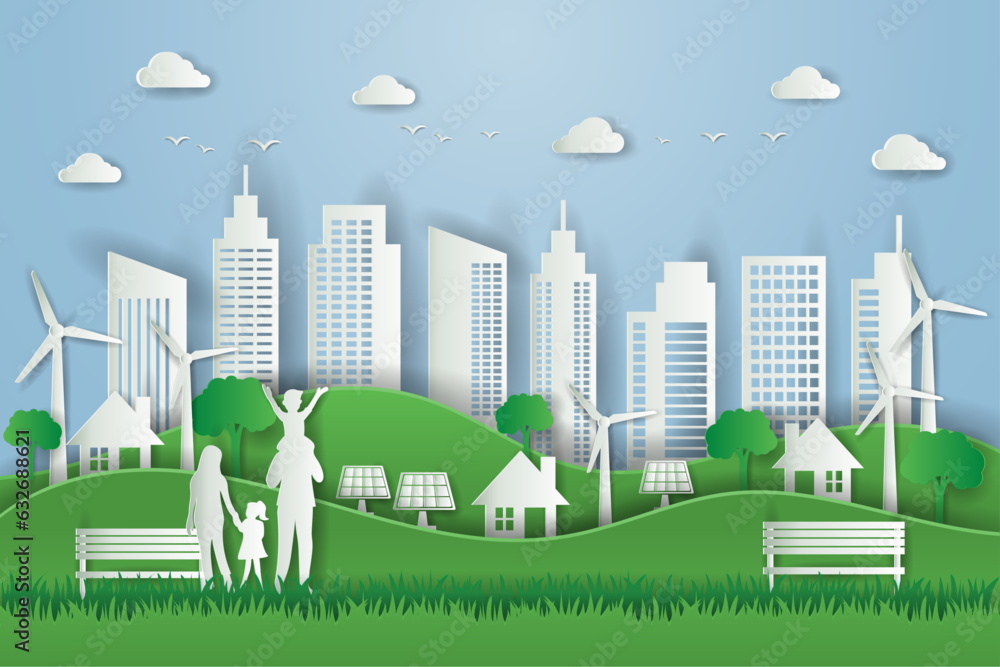 green eco city with happy family background. ecology environmentally Friendly concept. save the world in paper craft style. vector illustration in flat style modern design.