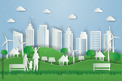 green eco city with happy family background. ecology environmentally Friendly concept. save the world in paper craft style. vector illustration in flat style modern design.