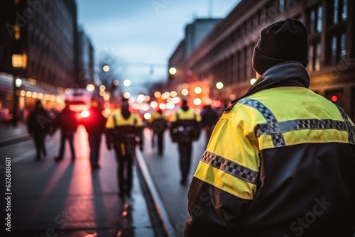 Police officers directing traffic in a busy city photo with empty space for text 