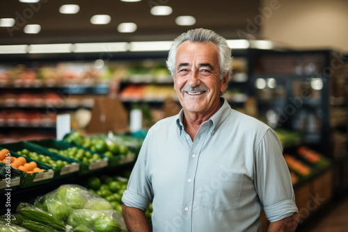 retired senior working in grocery store photo with empty space for text 