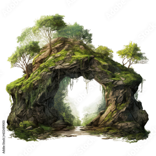 Forest rock arch isolated on white with moss covered cave entrance. photo