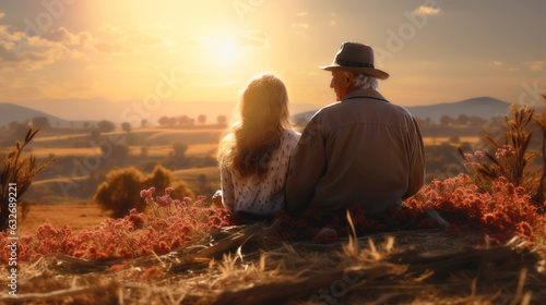 Rear view of a grandfather sitting with his granddaughter as they watch an autumn landscape at sunset. Generative AI
