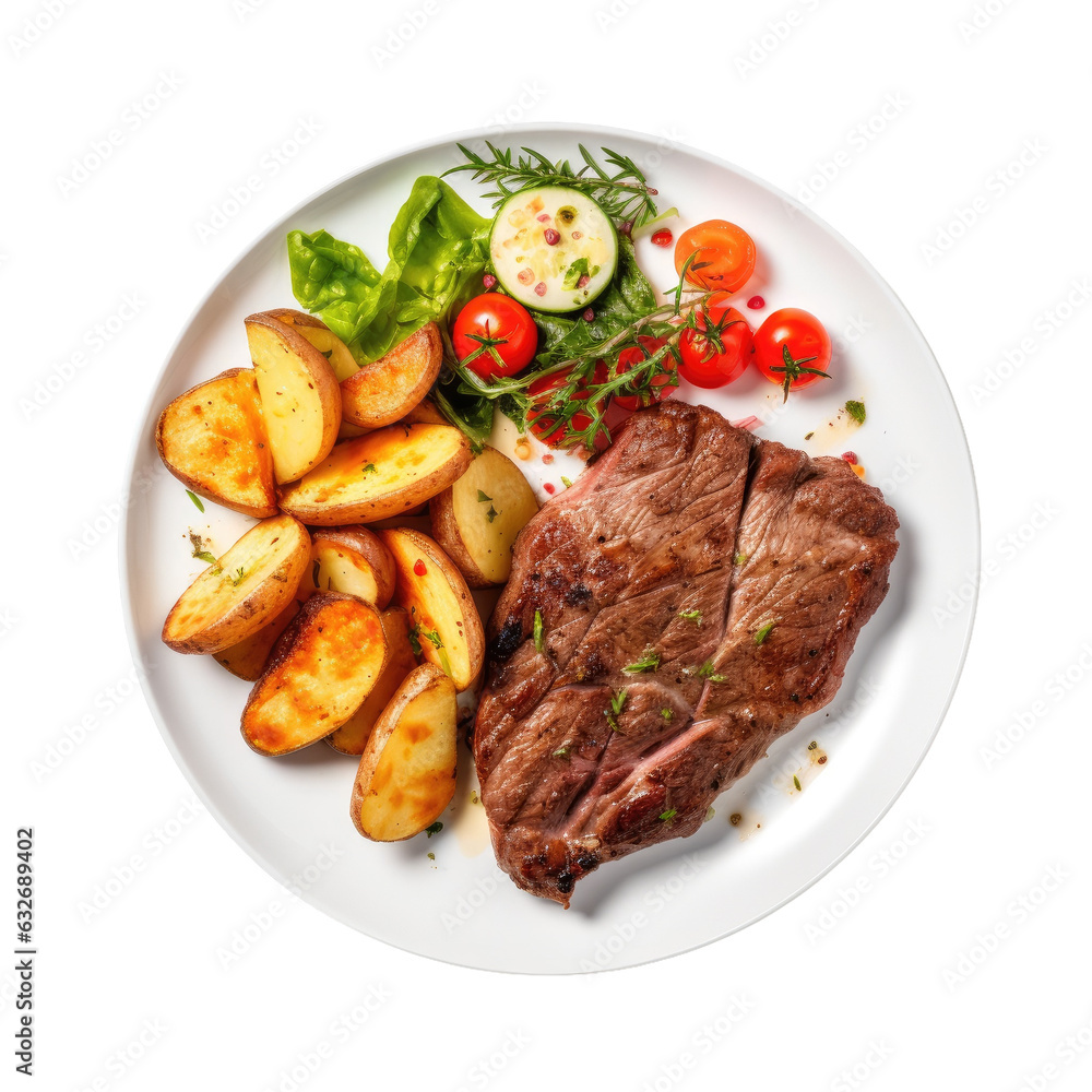 Grilled beef steak and potatoes with salad on plate from top view