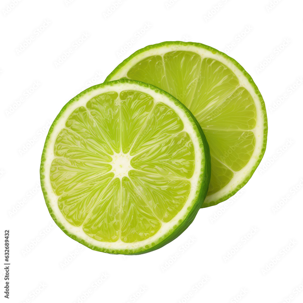 Half cut green lime slices isolated on white. Half cut green lime slices isolated on white.