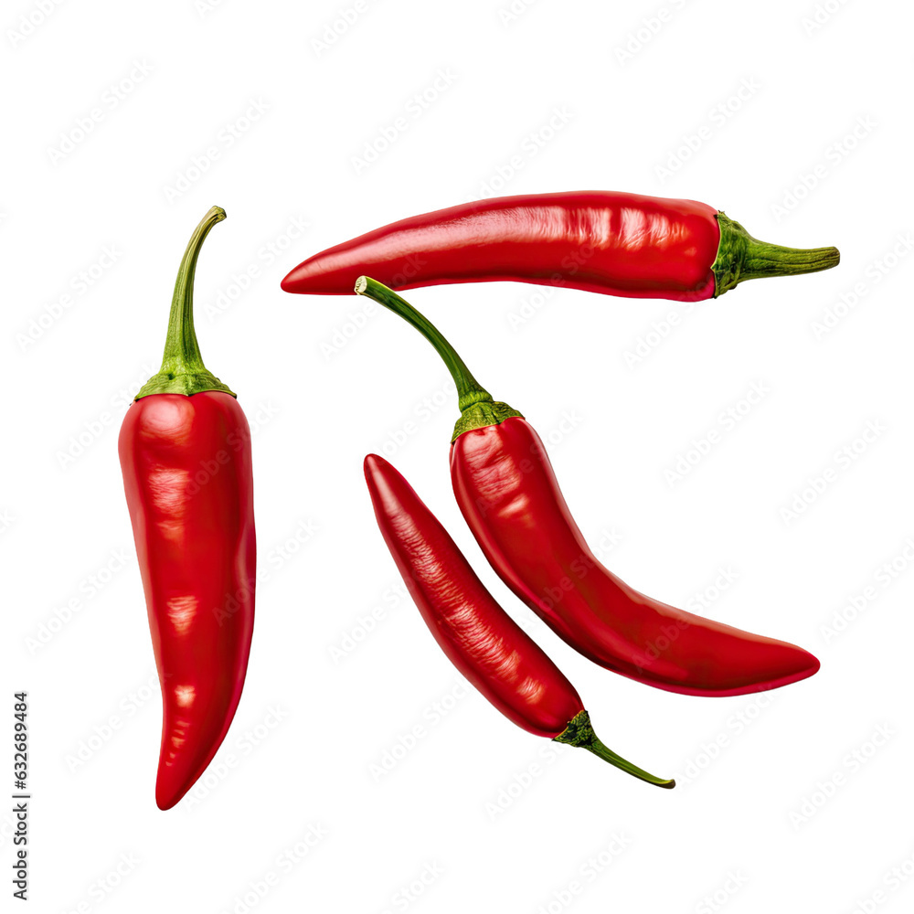 Isolated chili pepper, whole and cut red hot peppers. Clipped.