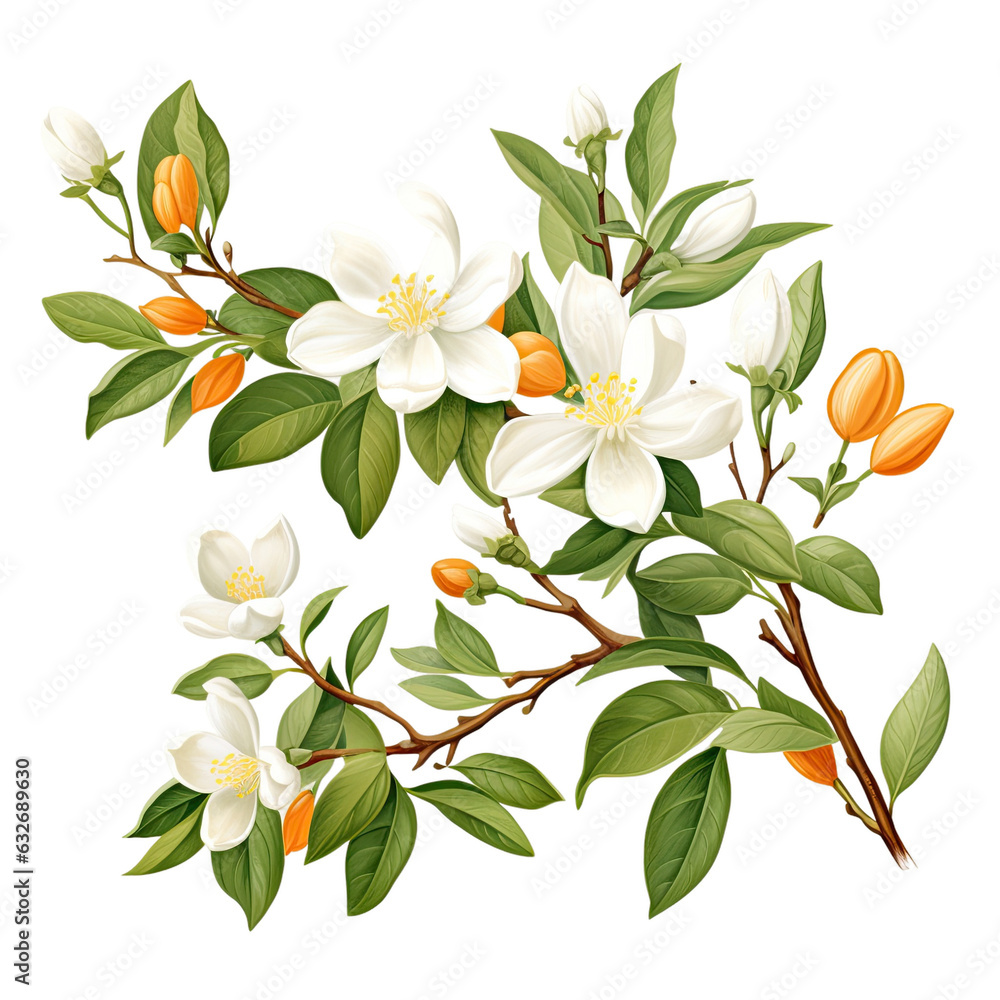 Isolated orange tree branch with white flowers, buds, and leaves. Neroli blossom. Citrus bloom.