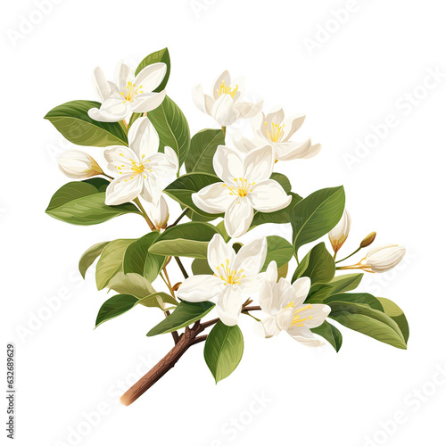 Isolated orange tree branch with white flowers  buds  and leaves. Neroli blossom. Citrus bloom.