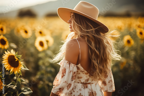 Woman in a sundress walking through a sunflower field  photo with empty space for text 