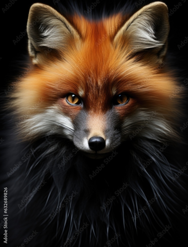 A close up of a fox's face on a black background. AI.